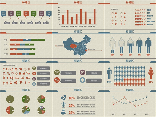 14页复古暗色调PPT图表